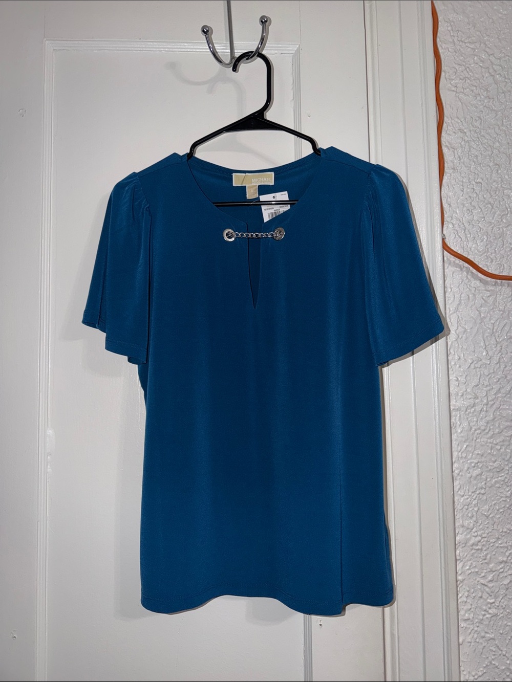 Michael Kors Teal Blue Short-Sleeve Blouse with Chain Detail